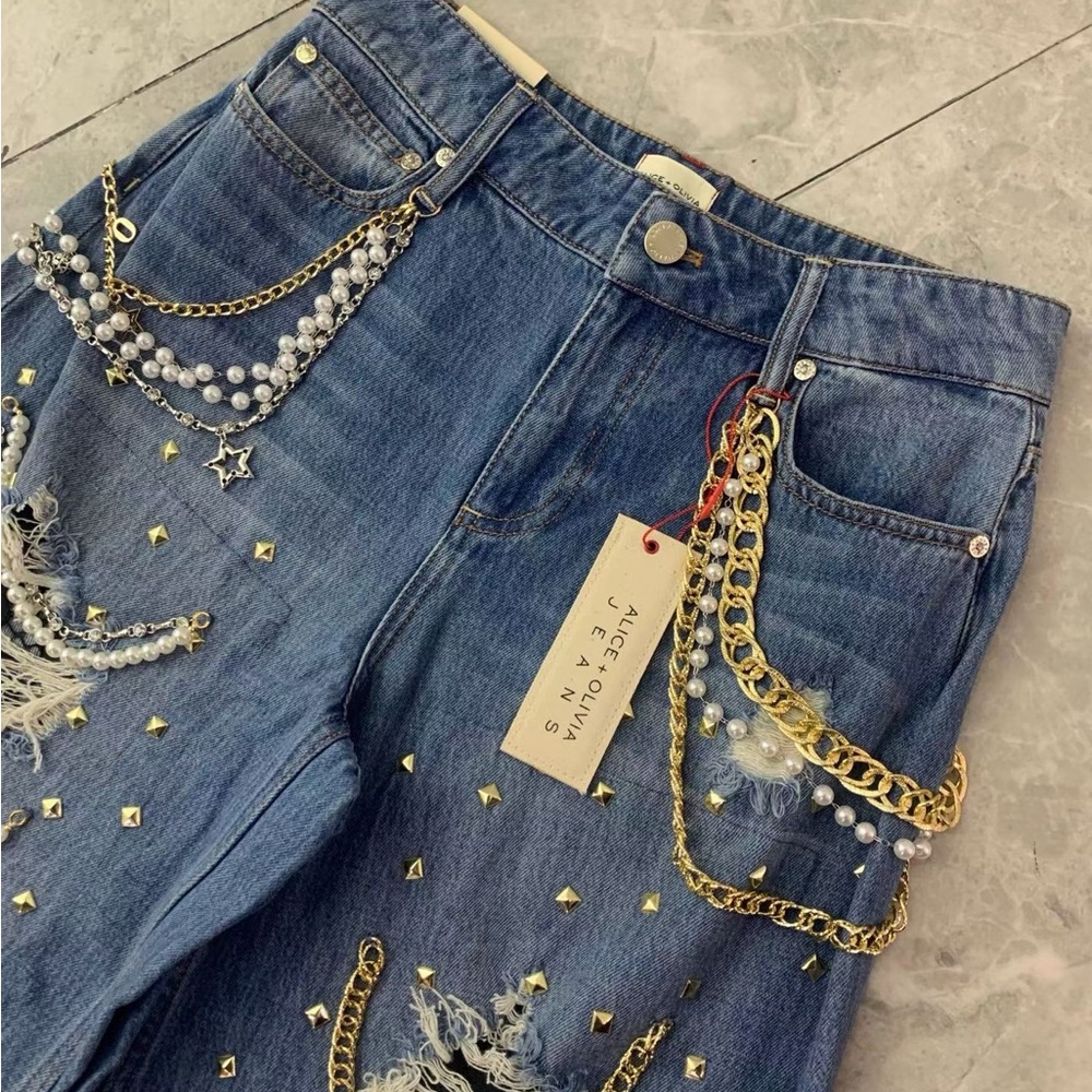 Alice + Olivia Harper Embellished Ripped Jeans - NWT - Picture 5 of 14